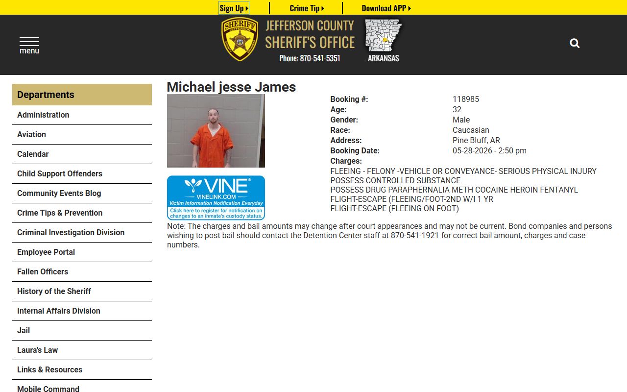 Jefferson County inmate roster profile with booking photo and VINE link