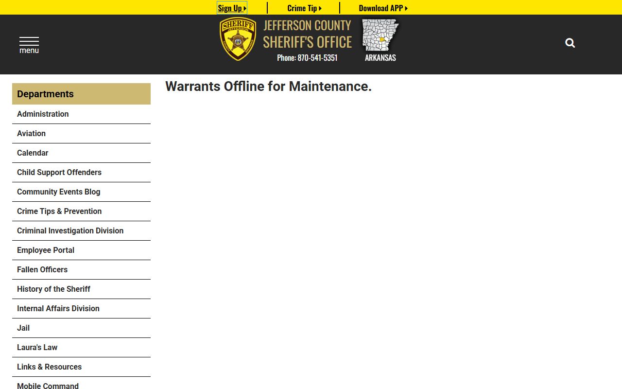 Jefferson County sheriff warrant page offline for maintenance